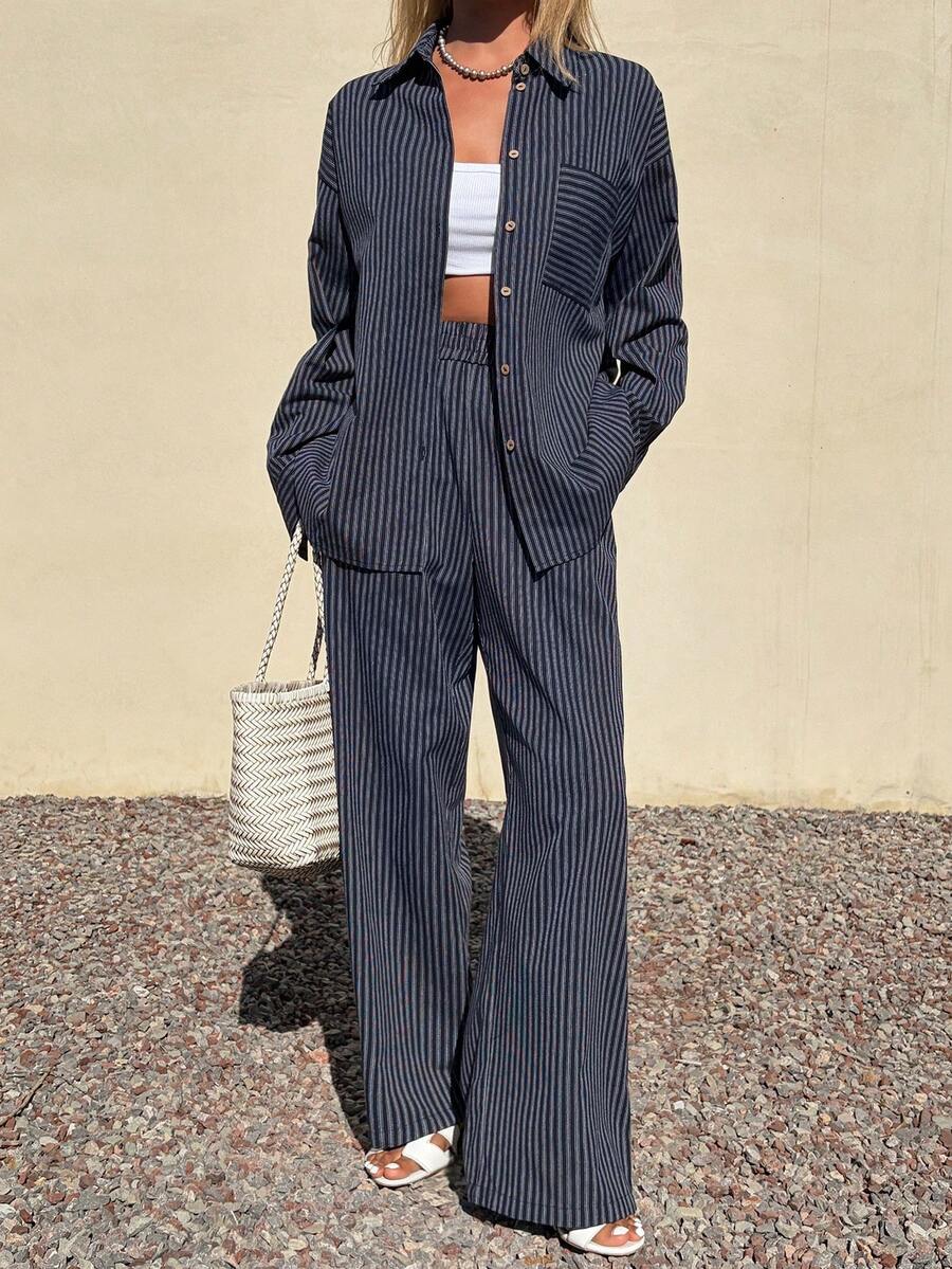 DAZY 女士休闲条纹口袋衬衫和阔腿裤两件套，春夏款 - 藏蓝色 - 查看 1