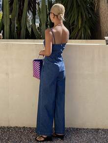 DAZY Women's Casual Striped Spaghetti Strap Wide Leg Denim Jumpsuit, Summer - Medium Wash - View 2