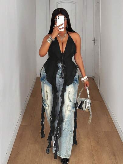 Maweii Plus Size Women Casual Ruffled Halter Neck Tie Strap Tank Top