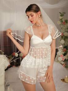 Women's Romantic Faux Silk Camisole Top & Heart Net Pajama Set - White - View 3