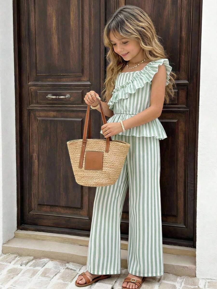 SHEIN Tween Girls Striped Sleeveless Top And Pants Set - Green - View 1