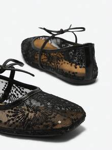 Eladyva Ballerines plates noires pour femmes, avec nœud, décor de fleurs brodées, maille respirante, bout carré, paillettes, convient aux pieds larges/grande taille, été - Noir - Voir 10