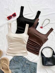 Soleia 春夏新款休闲度假西部海滩婚礼宾客着装毕业早午餐圣帕特里克节春假复活节音乐节优雅波西米亚热带风情女式方领褶皱针织背心约会情人节 - 彩色 - 查看 5