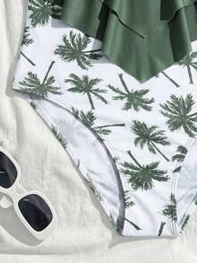 SHEIN 少女褶皱荷叶边连体泳衣，休闲舒适 - 薄荷綠 - 查看 6