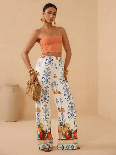 Vesra Women's Floral & Fruit Print Elastic Waist Straight Leg Pants, Suitable For Vacation