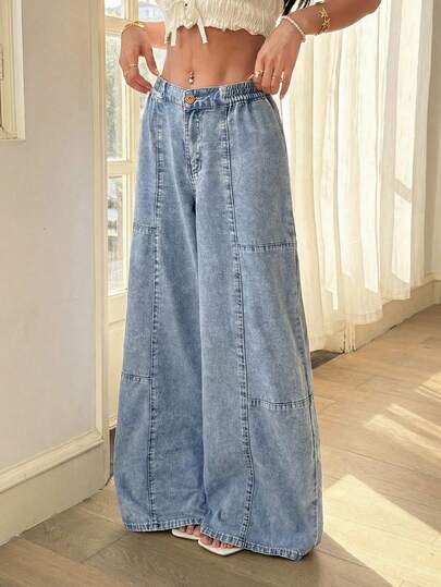 Breezaya Quần jeans ống rộng nữ cài cúc, kiểu dáng thường ngày, đa năng.