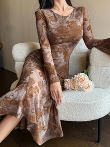 DAZY 植绒烧花提花连衣裙，优雅圆领长袖修身连衣裙，女士长款连衣裙/吊带裙 - 棕色 - 查看 3