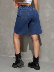 SHEIN Tall 女士夏季休闲斜插口袋毛边牛仔短裤 - 中等水洗藍 - 查看 3