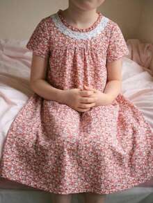 SHEIN Young Girl Ditsy Floral Chiffon Tassel Trim Round Neck Casual Dress Loungewear - Pink - View 1