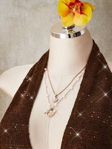 SHEIN ICON 加大码露背吊带缎面海星装饰性感露背上衣，适合海滩、夏季度假 - 棕色 - 查看 8