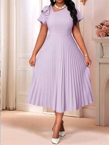 SHEIN Lady 春夏优雅端庄派对婚礼鸡尾酒会音乐会/音乐节紫色针织圆领喇叭荷叶袖褶皱中长短袖大码连衣裙 - 紫色 - 查看 4