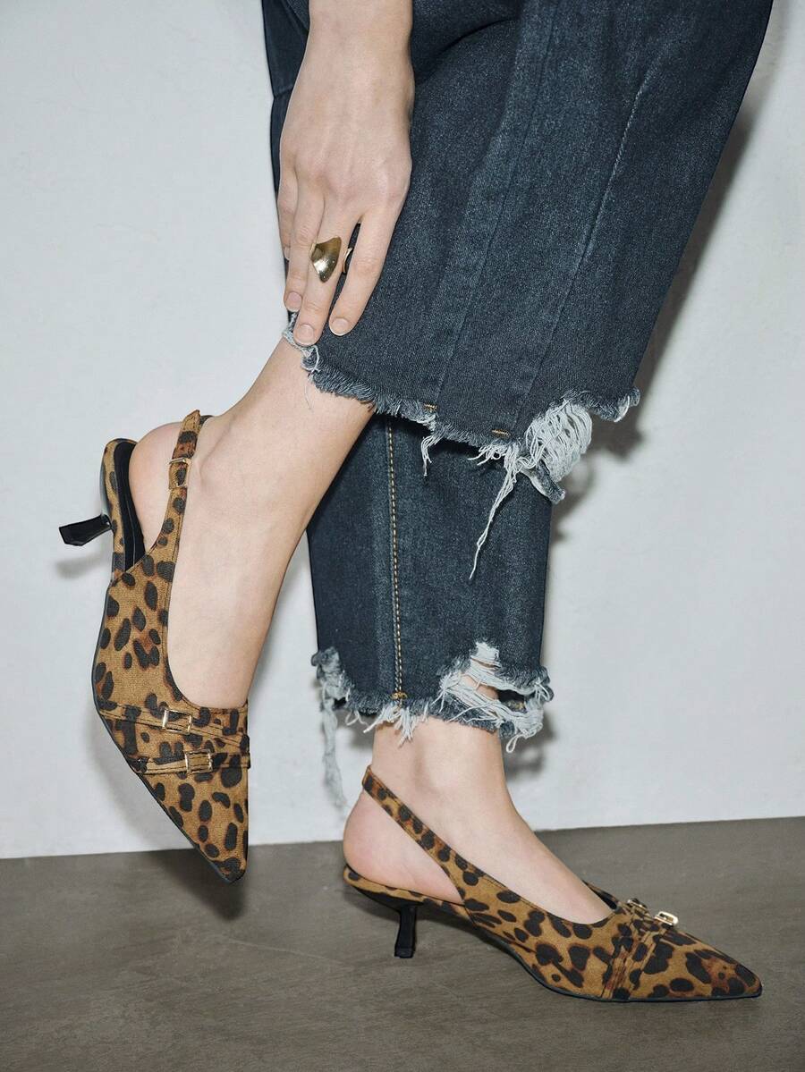 2025春秋新款女士豹纹高跟鞋，尖头后跟系带小猫跟搭扣礼服鞋，优雅派对鞋 - 棕色 - 查看 1