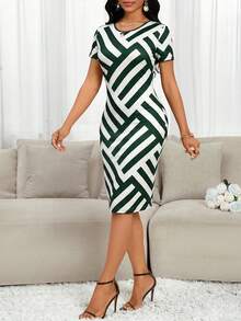 SHEIN Lady 春夏商务办公女装休闲中长条纹印花连衣裙 - 綠色 - 查看 4