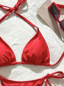 Swim Vcay 2026春夏吊带露背红色亮面高衩系带比基尼套装 - 酒紅色 - 查看 4