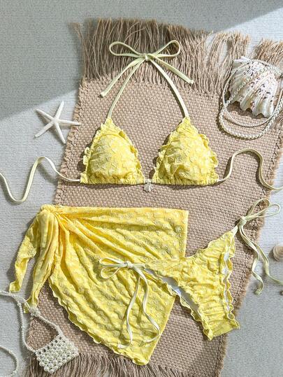 Swim Mod 泳装三件套，纯色花卉纹理面料，珍珠贝壳装饰，荷叶边饰挂脖文胸上衣，侧系带泳裤和迷你裙，性感比基尼泳装套装，春夏款