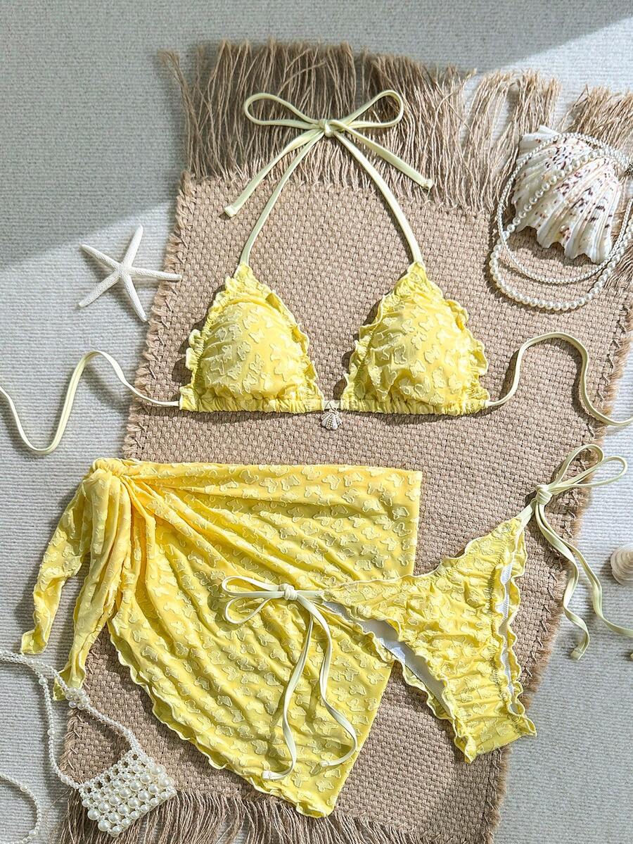 Swim Mod 泳装三件套，纯色花卉纹理面料，珍珠贝壳装饰，荷叶边饰挂脖文胸上衣，侧系带泳裤和迷你裙，性感比基尼泳装套装，春夏款 - 鵝黃色 - 查看 1