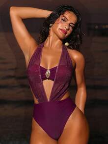 Swim SXY 2026春夏新款畅销连体泳衣，性感系带纯色比基尼，适合海滩穿着 - 酒紅色 - 查看 3