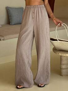 Livesso Casual Striped High Waist Loose Women Pants - Khaki - View 1