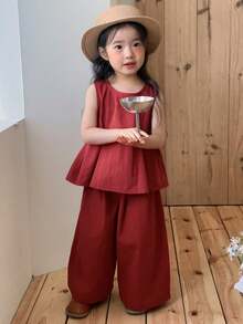 DAZY Baby Girl Sleeveless Blouse And Wide Leg Pants Korean Style Set - Red - View 6