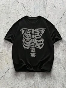 EVRINFINITE Camiseta de manga corta con cuello redondo y estampado de esqueleto para hombre, versátil para el verano, estilo de los años 2000, jersey de fútbol de verano - Negro - Ver 3
