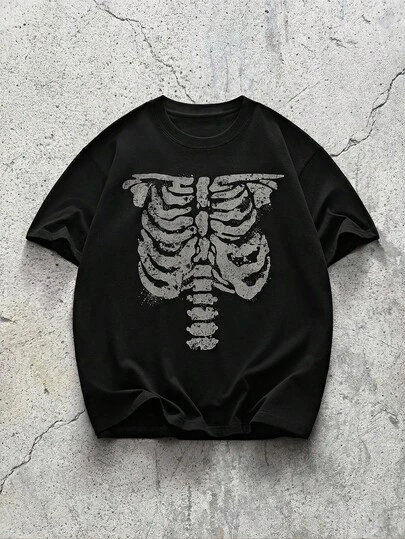 EVRINFINITE Camiseta de manga corta con cuello redondo y estampado de esqueleto, casual y versátil para el verano, estilo de los 2000