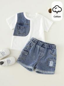 SHEIN 2pcs Baby Boy Denim Patchwork Crew Neck T-Shirt And Denim Pants Set, Casual Everyday Wear - Multicolor - View 3