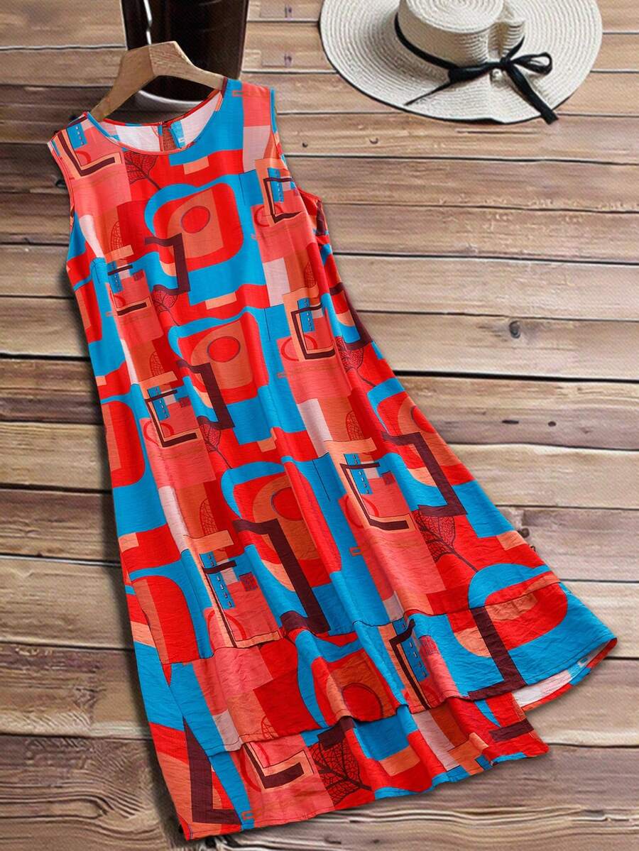 EMERY ROSE Women's Casual Sleeveless Round Neck Random Print Flared Midi Plus Size Dress - Burgundy - View 1