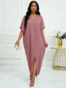 SHEIN Lady 女士纯色V领蝙蝠袖开衩下摆宽松连衣裙，秋冬款 - 藕粉色 - 查看 3