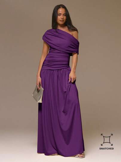 MUSERA Ruched Asymmetrical Shoulder Drape Cinched Waist Maxi Dress Cool Girl, Cute, Fall, Autumn, , Going Out Party Elegant Summer Long Dress