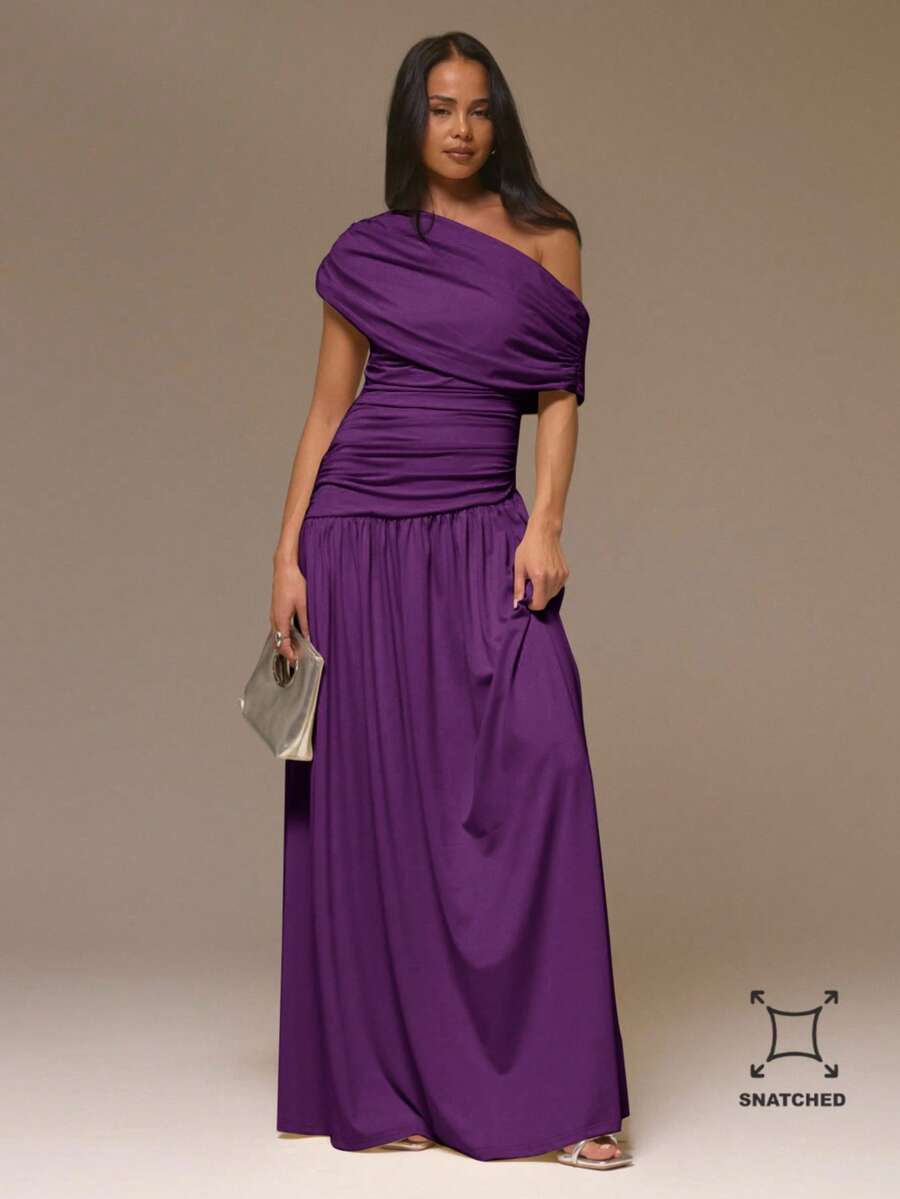 MUSERA Đầm maxi xếp ly bất đối xứng, nhún vai, thắt eo, phong cách cá tính, dễ thương, thích hợp cho mùa thu, đi chơi, dự tiệc, thanh lịch, mùa hè. - Màu tím - Xem 1