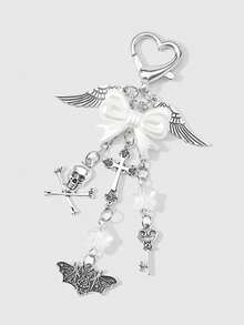 ROMWE Bộ 2 móc khóa/móc túi hình trái tim phong cách Gothic Y2K cá nhân hóa, ngọt ngào, cá tính, tối màu, màu bạc, đính ngọc trai giả, nơ, ngôi sao, xương, đầu lâu, chữ thập, cánh dơi, thích hợp cho các cặp đôi, chị em gái và bạn gái đeo hàng ngày, quà tặng ngày lễ. - Bạc - Xem 10
