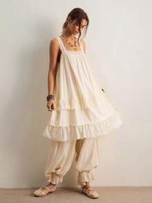 Freevana Đầm mini babydoll màu trắng kem lãng mạn phong cách Boho dành cho nữ - Cổ vuông, phối ren, dáng chữ A xòe rộng, xếp ly, chân váy xếp tầng với chi tiết ren, nhẹ nhàng, thoáng mát, thích hợp cho kỳ nghỉ hè, đi biển, hẹn hò, đêm tân hôn. - Màu be - Xem 16