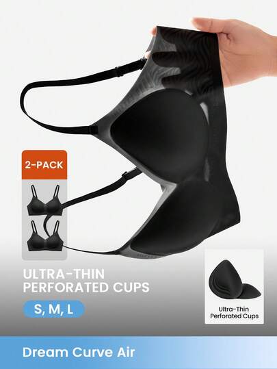 LUVLETTE Dream Curve Air 2-Pack Set Black Wireless Seamless Breathable Sheer T-Shirt Plunge No Show Underwear Black Airy Sticky Basic SizeFreedom Bra Also Suitable For Teen Girl & Young & Kid