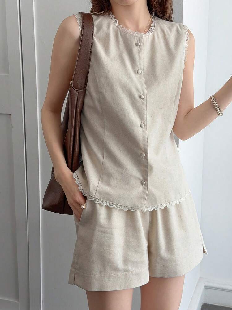 Women's Summer Casual Lace Trim Camisole And Shorts 2 Pieces Set Lounge Sets For Women