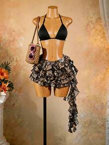 SaltGleam SaltGleam Women's Elastic Waist Leopard Print Layered Ruffle Trim Fashionable Skirt - Multicolor - View 3