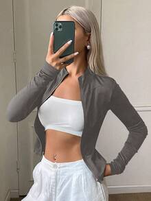 DAZY 女士长袖修身休闲运动开衫上衣，街头风轻薄夏季外套 - 灰色 - 查看 2