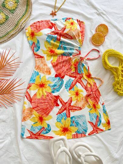 Soleia Vestido tubo ajustado con cintura con cordón y recortes, con elementos de isla de primavera y verano como árboles de coco, adecuado para citas, San Valentín, tarde de té