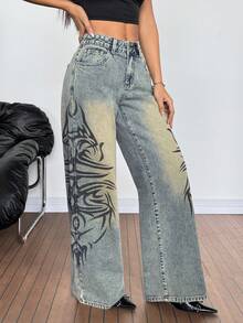 SHEIN PETITE Women's Graphic Print Slant Pocket Casual Versatile Wide Leg Jeans - Black - View 3