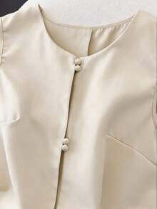 Franclia Women's Solid Color Spring/Summer Casual Embroidered Lace Patchwork Sleeveless Blouse - Apricot - View 3