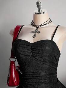 SHEIN ICON 大码女士蕾丝荷叶边优雅修身鸡尾酒会礼服 - 黑色 - 查看 5