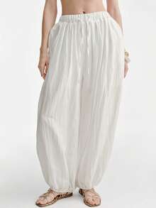 Aveloria Modichic Casual Linen-Like Elastic Waist Drawstring Ruched Wide Leg Pants, Versatile For Vacation & Daily Wear - White - View 3