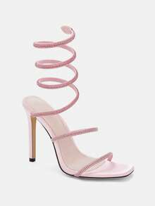 Glitzique 欧美时尚性感超高跟女士凉鞋，水晶钻蛇形装饰，正式派对银色方头细高跟鞋，粉色 - 粉色 - 查看 8