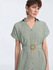 Selianne Women's Summer Short Sleeve Button Waist Belt Dress, Suitable For Vacation, Commuting, Spring And Summer Wear - Army Green - View 5