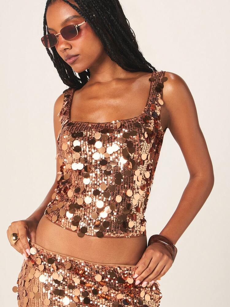 MISSGUIDED Sequin Tank Top With Square Neckline And Wide Straps Party Clubwear Glamorous Holiday Sparkle Crop Top