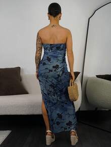 SAYEHFBABY 女士优雅网眼花卉印花露肩抹胸紧身长裙 - 藍色 - 查看 2