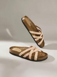 Solecia Women Shoes Spring And Summer New Woven Cross Belt Design Flat-Bottomed Vacation Leisure Style Woven Material Apricot Women's Slippers Daily Travel Seaside Vacation Wear - Apricot - View 6