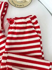 SHEIN Conjunto de 2 piezas de camiseta de rayas rojas y blancas con textura de rayas y pantalones de cintura elástica, adecuado para ocio, hogar, vacaciones y playa en verano - Blanco y Negro - Ver 5