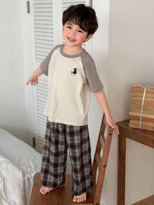 DAZY Young Boy Letter & Cartoon Animal Print Short Sleeve Top And Plaid Pants Pajama Set - Apricot - View 5
