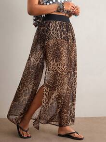 Freevana Plus Size Summer Fashion Leopard Print High Slit Skirt - Brown - View 5