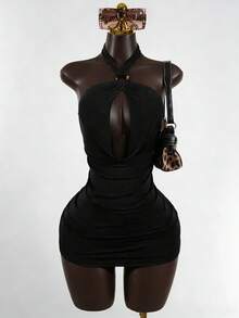 SaltGleam SaltGleam Sexy Hollow Out Draped Fitted Bodycon Dress For Women - Black - View 1